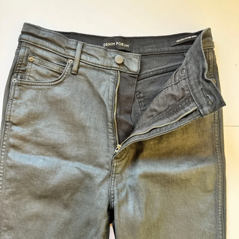 Denim Forum The Lola Split Hi Rise Skinny Jean Coated Stay Black Waxed Sz 32 - Picture 11 of 16